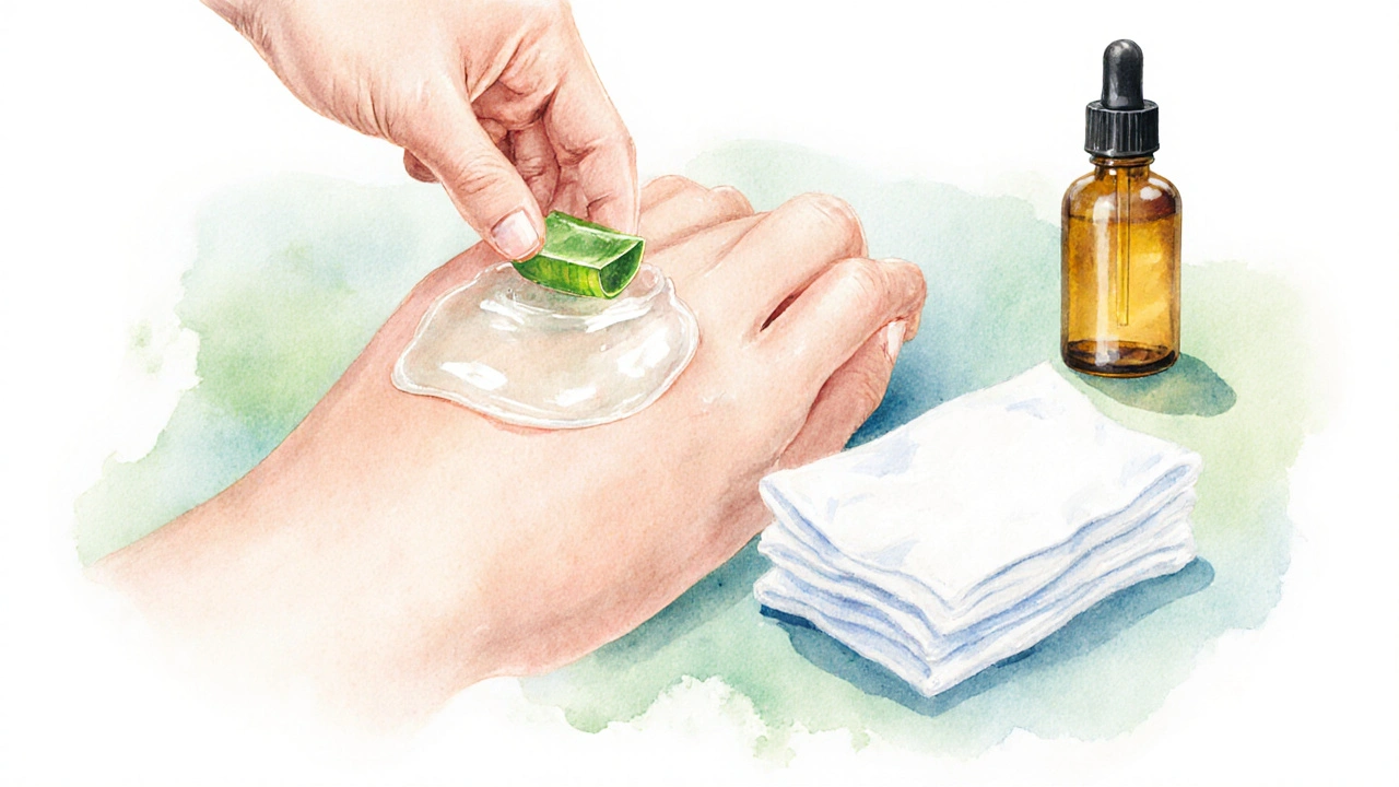 Aplikace aloe vera gelu a chladného obkladu na citlivou pokožku po depilaci.