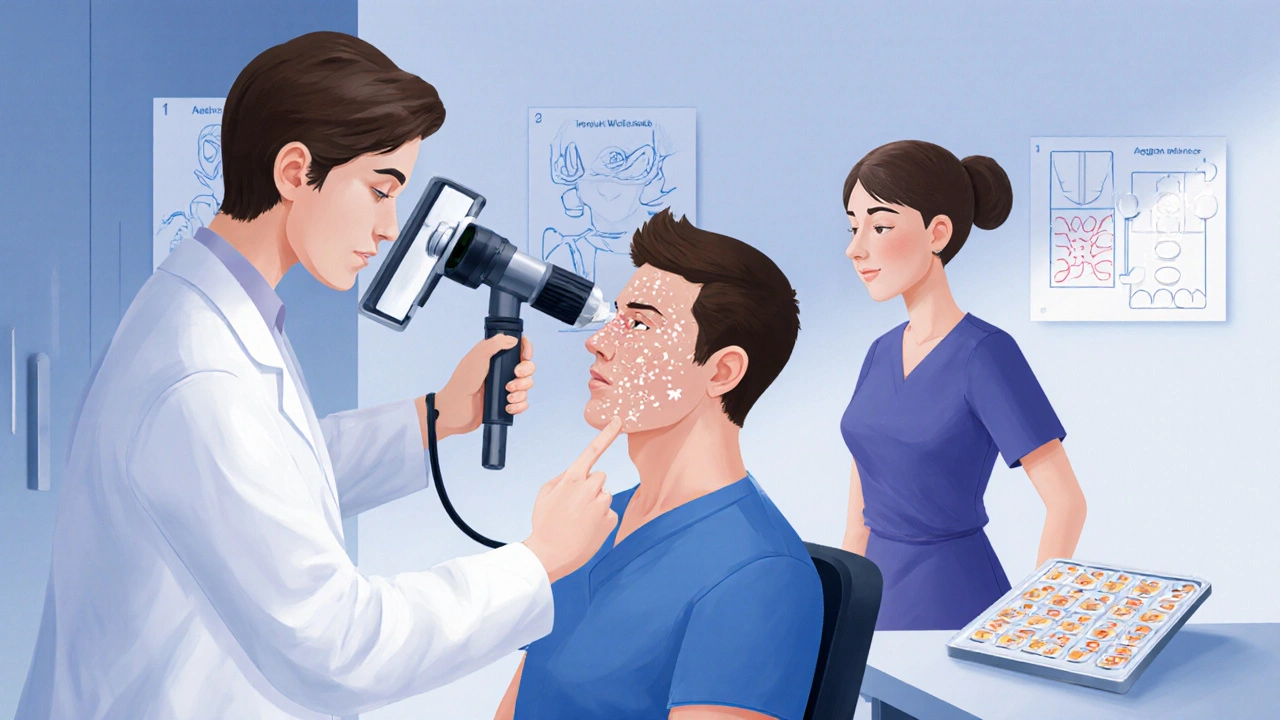 Dermatolog používá dermatoskop, zatímco asistent připravuje patch test v klinické místnosti.