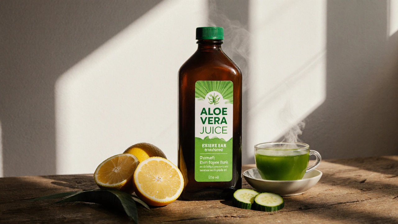 Kvalitní láhev aloe vera šťávy na dřevěném stole vedle citronu a zeleného čaje.