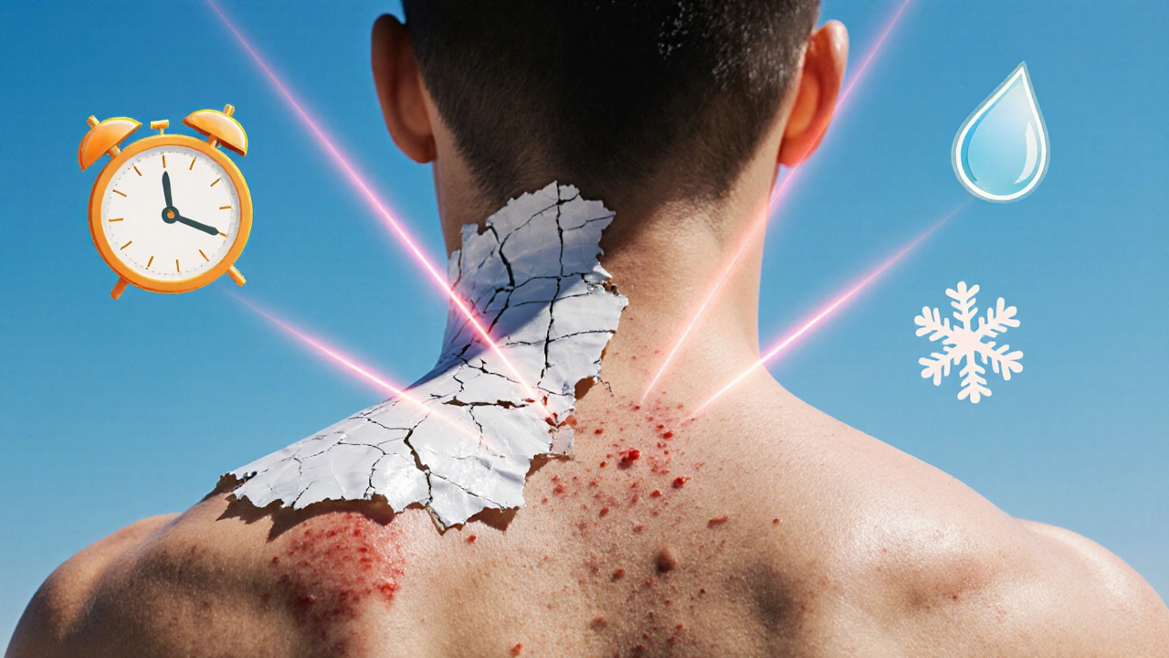 Lidské záda s prasklým vrstvou slunečního krému, skrz něj pronikají UV paprsky a poškozená kůže.