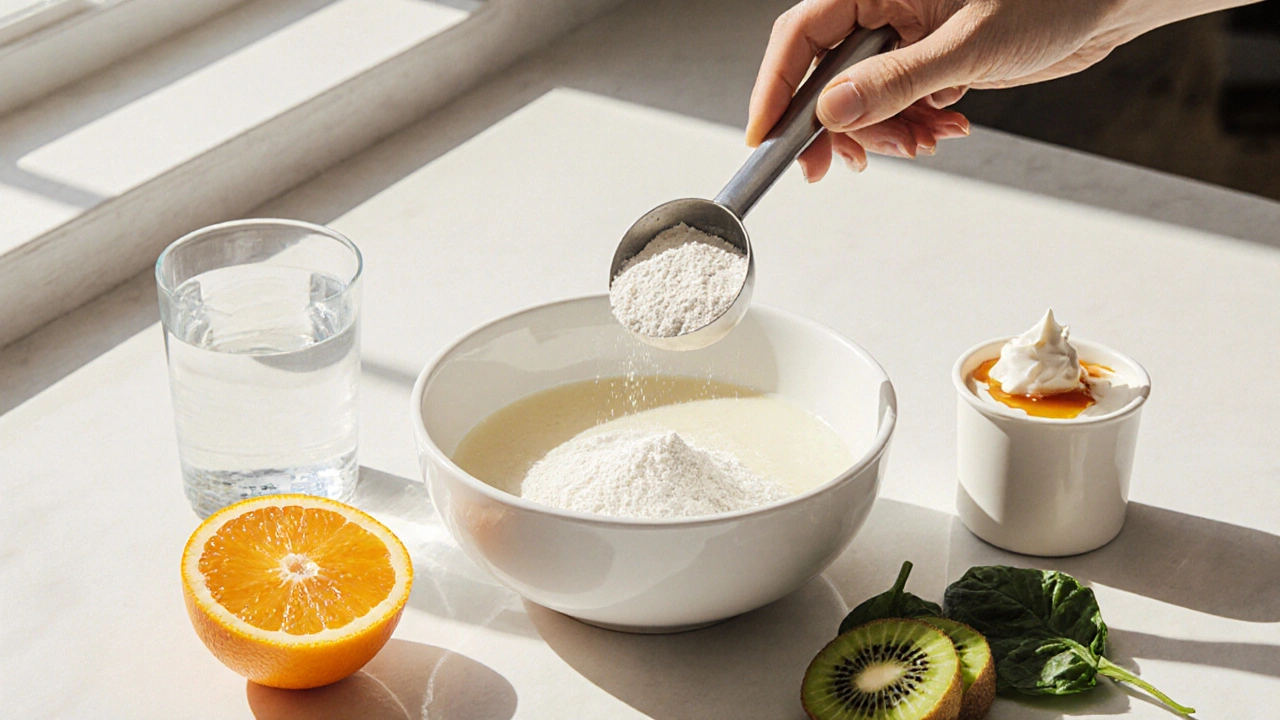 Měřič kolagenu, pomeranč, kiwi a voda se míchat do smoothie.