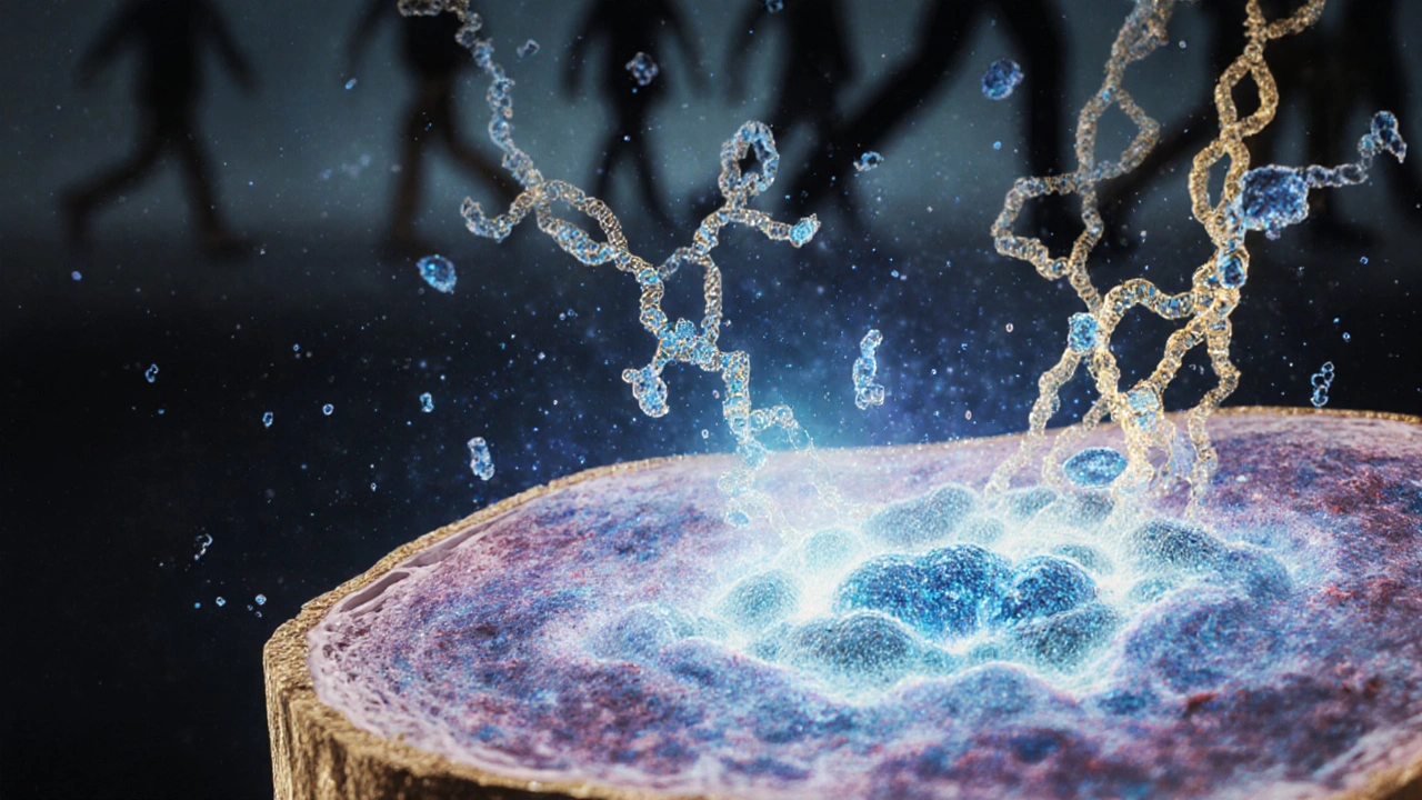 Molekulární ilustrace peptidů kolagenů aktivujících buňky v chrupavce kloubu.