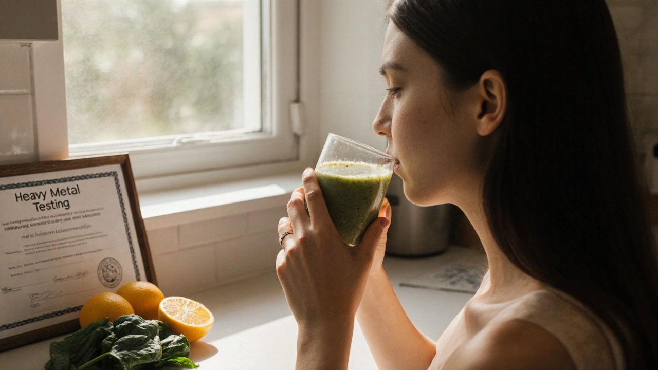 Osoba pije smoothie s rybím kolagenem ráno, na pozadí citrusy a zelenina.