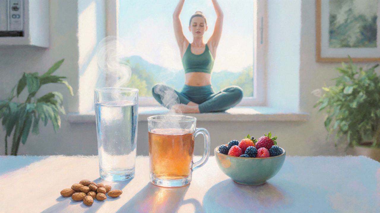 Osoba pijící vodu a jísto bobule, provádějící lehké cvičení pro podporu detoxikace.