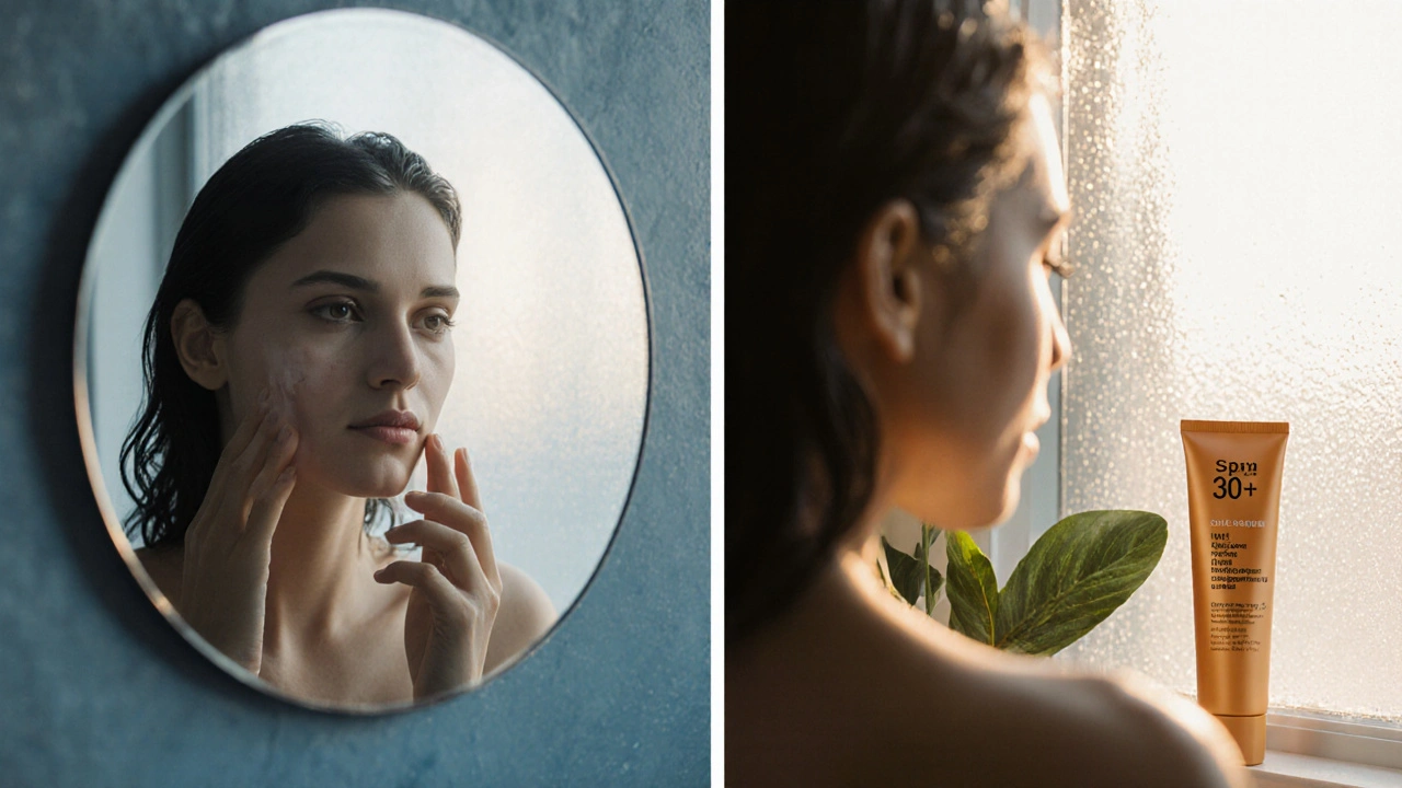 Scéna, kde žena večer nanáší retinol a ráno používá SPF krém u okna.
