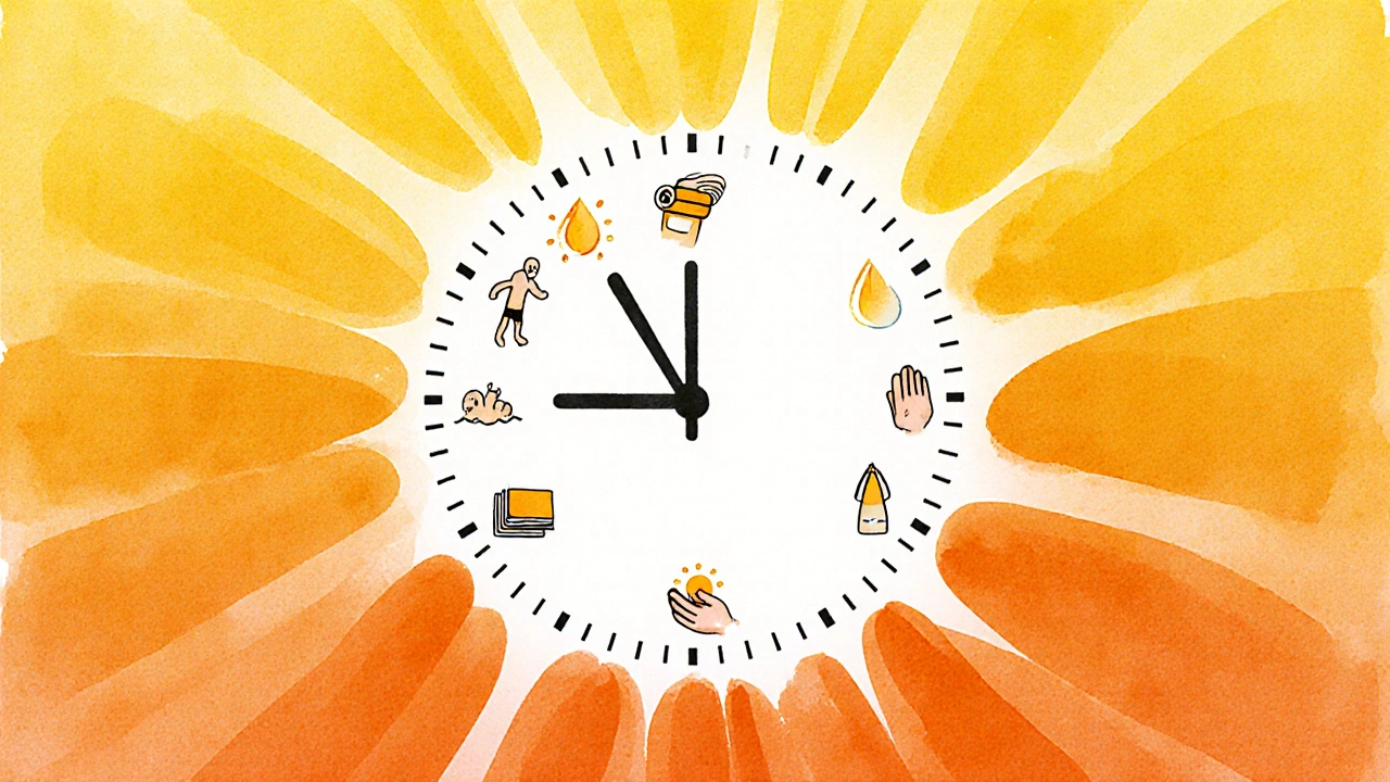 Sluneční hodiny s ikonami plavce, potu a vody, symbolizující rychlé ztrátu ochrany SPF 50.