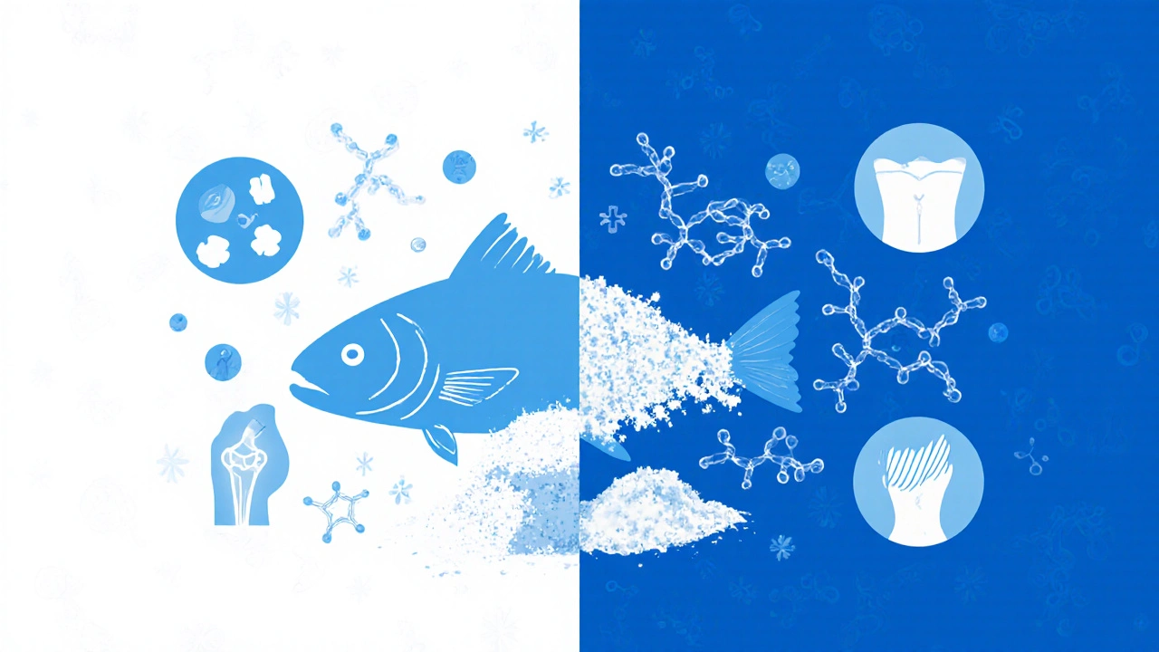 Srovnání kvalitního rybího kolagenu s nízkokvalitní směsí, ukazující čisté peptidy a přísady.