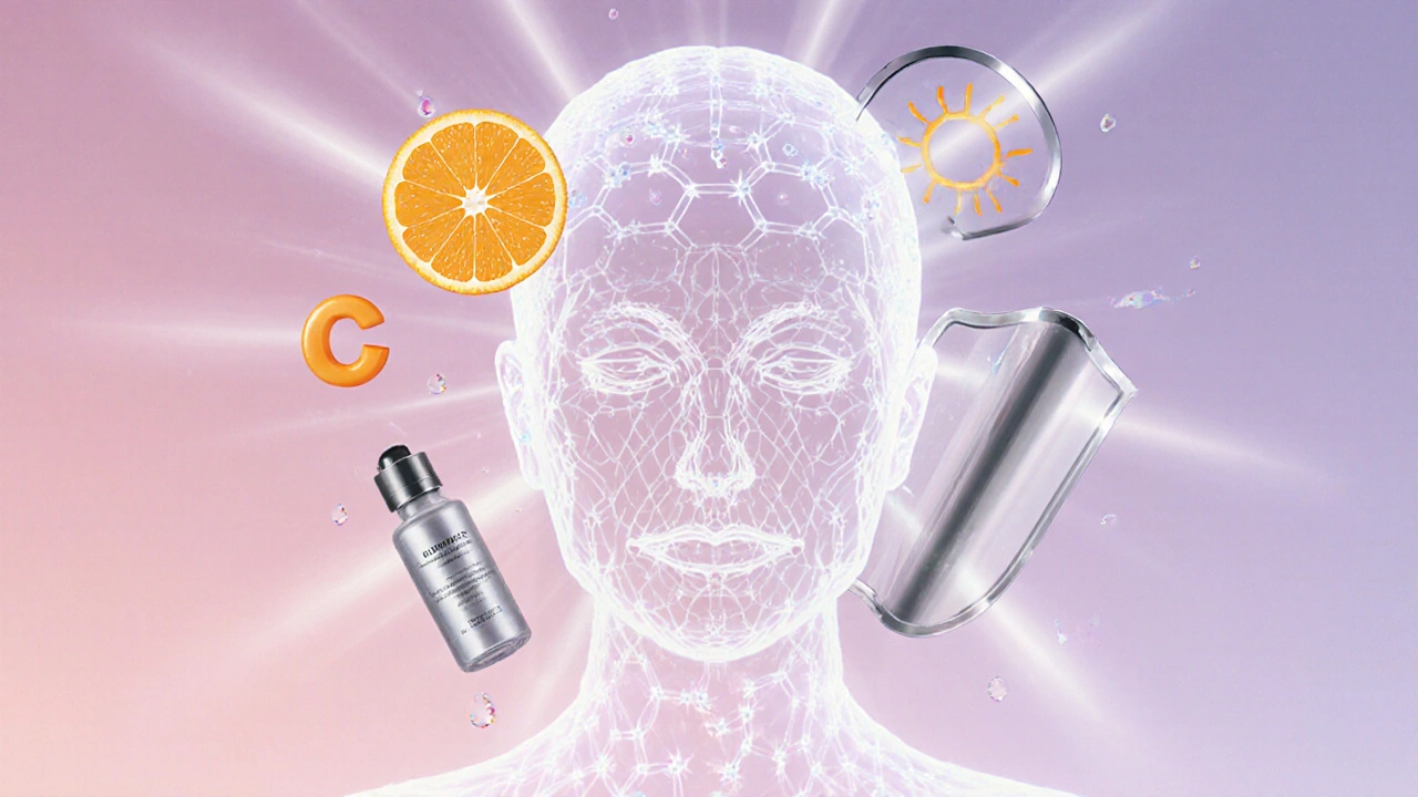 Zářivá pokožka obklopena molekulami HA, pomerančovým vitaminem C, retinolem a slunečním štítem.