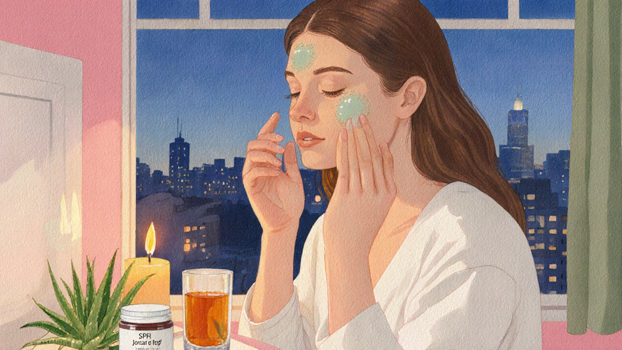 Žena doma aplikující aloe gel a jojobový olej při večerním rituálu péče o pleť.