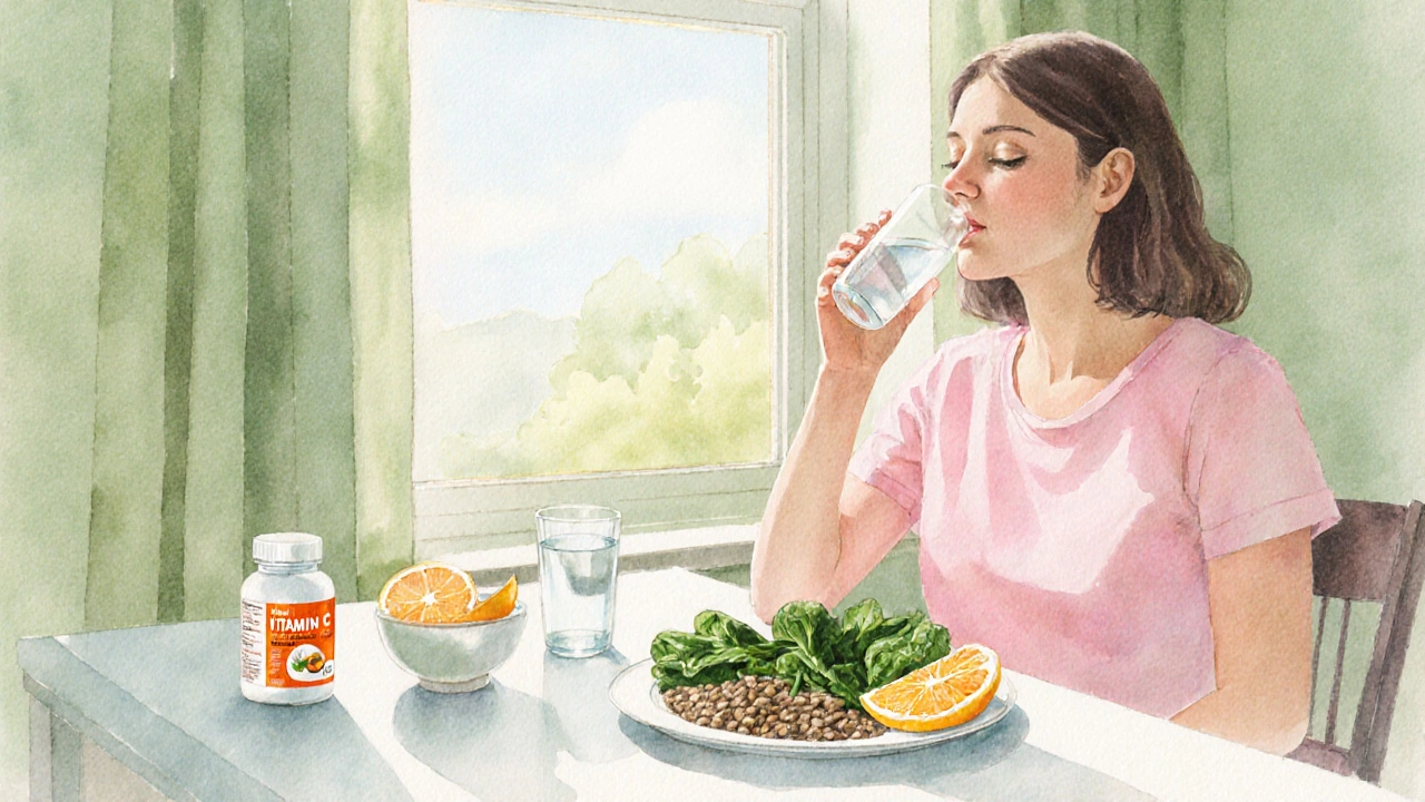 Žena u okna s citrusy, špenátem a vitamínovou kapslí.