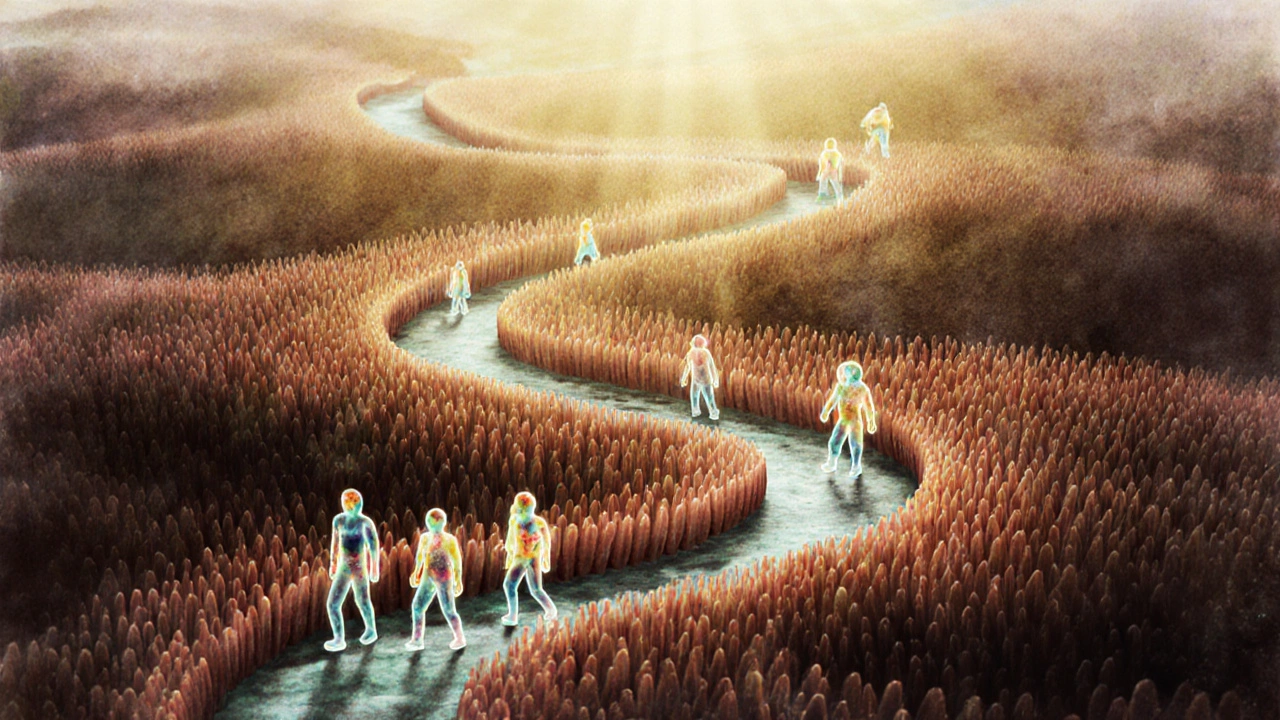 Abstraktní náčrt lidského střeva s osvětlenými užitečnými bakteriemi.