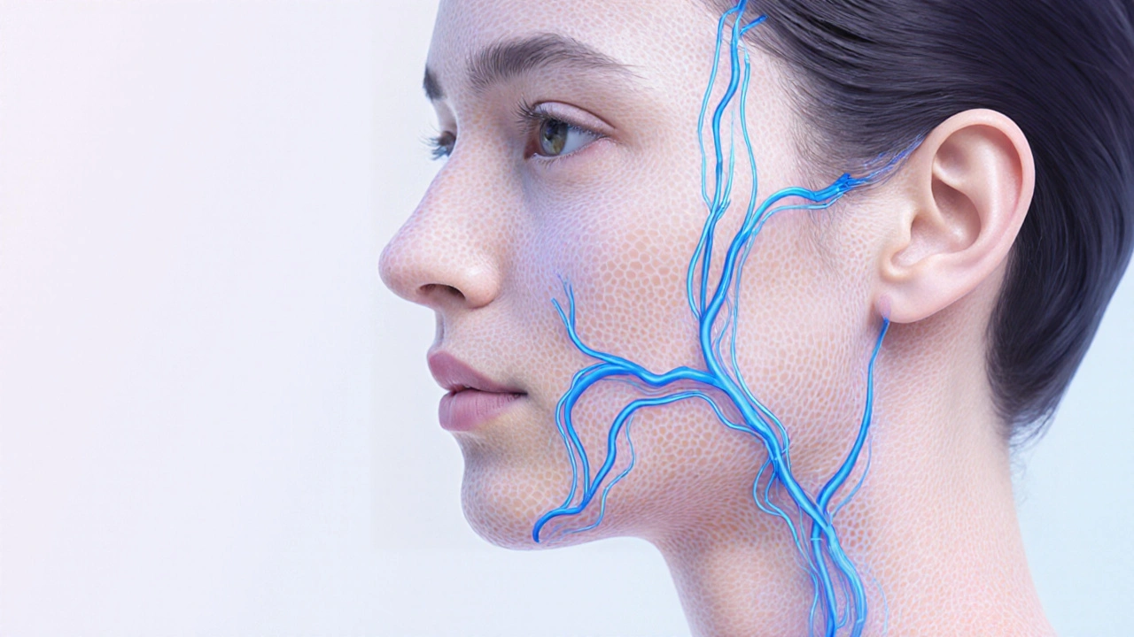 Abstraktní znázornění lymfatického odtoku tváří modrými čarami na průhledné kůži.