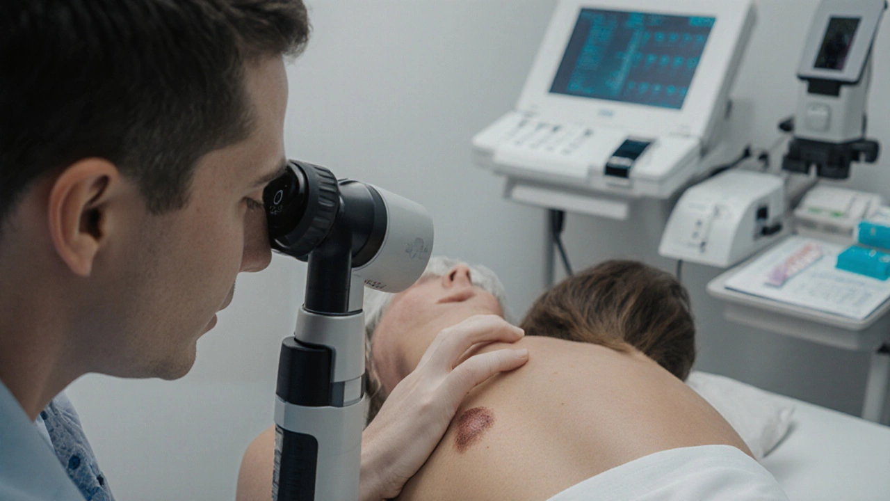 Dermatolog analyzuje mošnu pomocí pokročilého dermatoskopu v klinice s vybavením pro biopsii a laser.