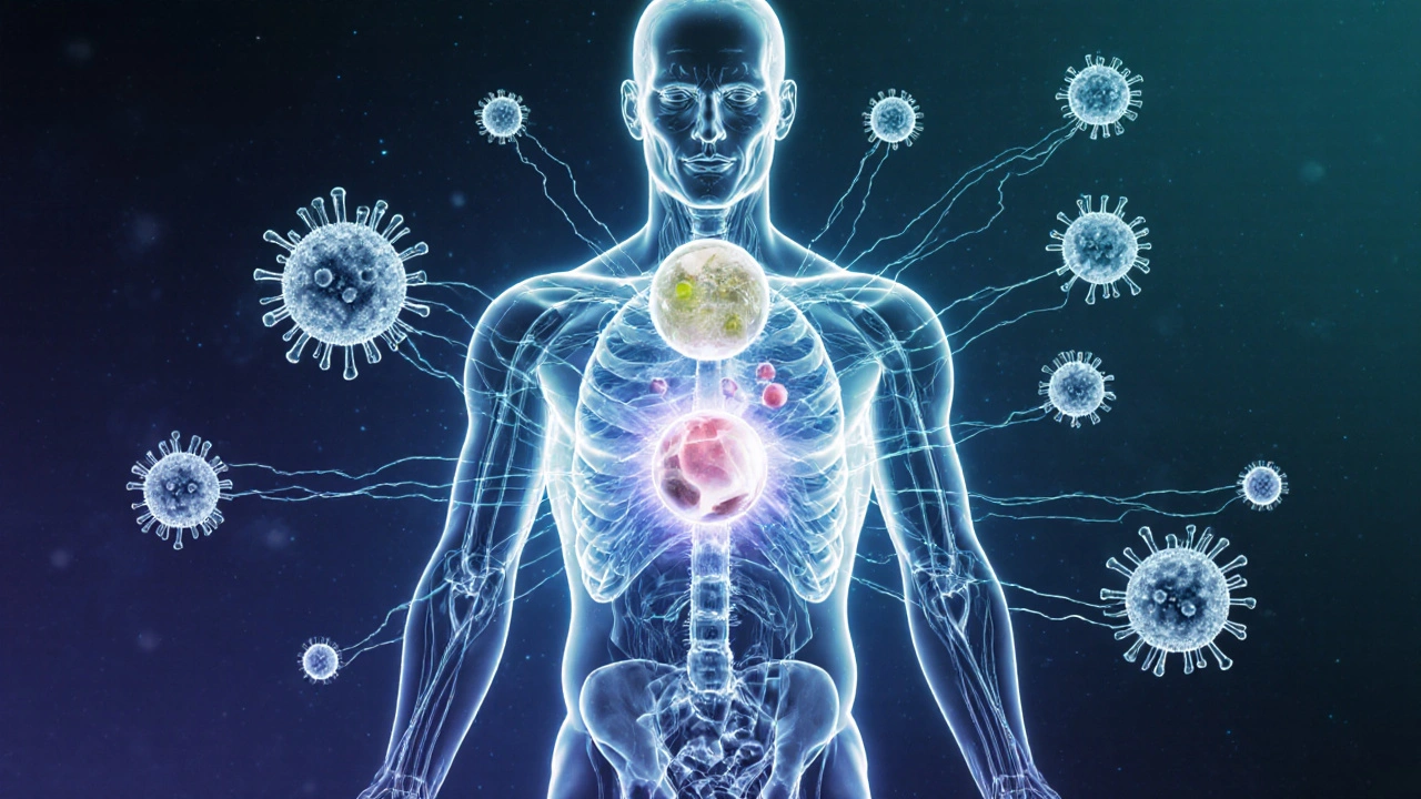 Glowing immune system s pěti vitamíny jako světelnými koulemi vstupujícími do těla.