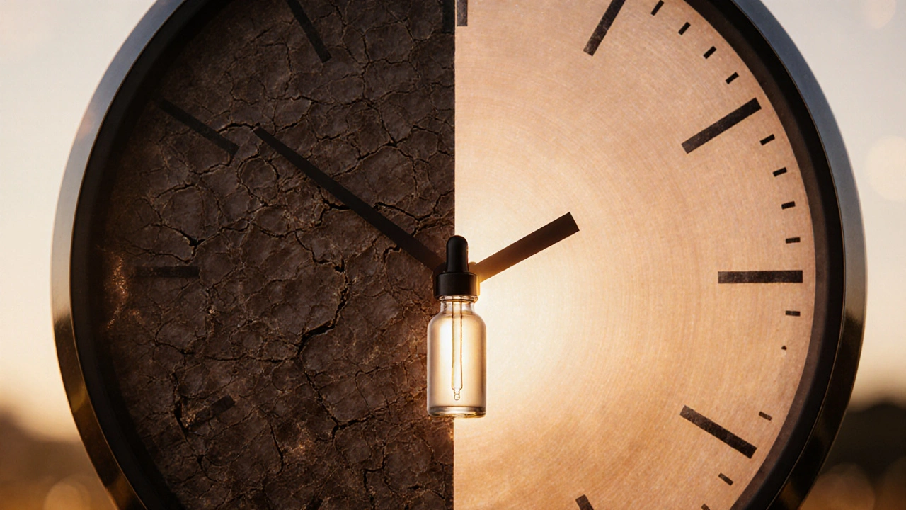 Hodiny s rozpadající se pokožkou na jedné straně a zářivou pokožkou na druhé, s lahvičkou séra jako klíčem k přeměně.