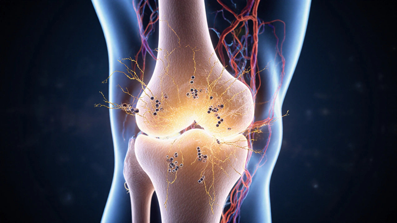 Ilustrace kloubu s kolagenovými peptidy, které obnovují chrupavku v koleni.