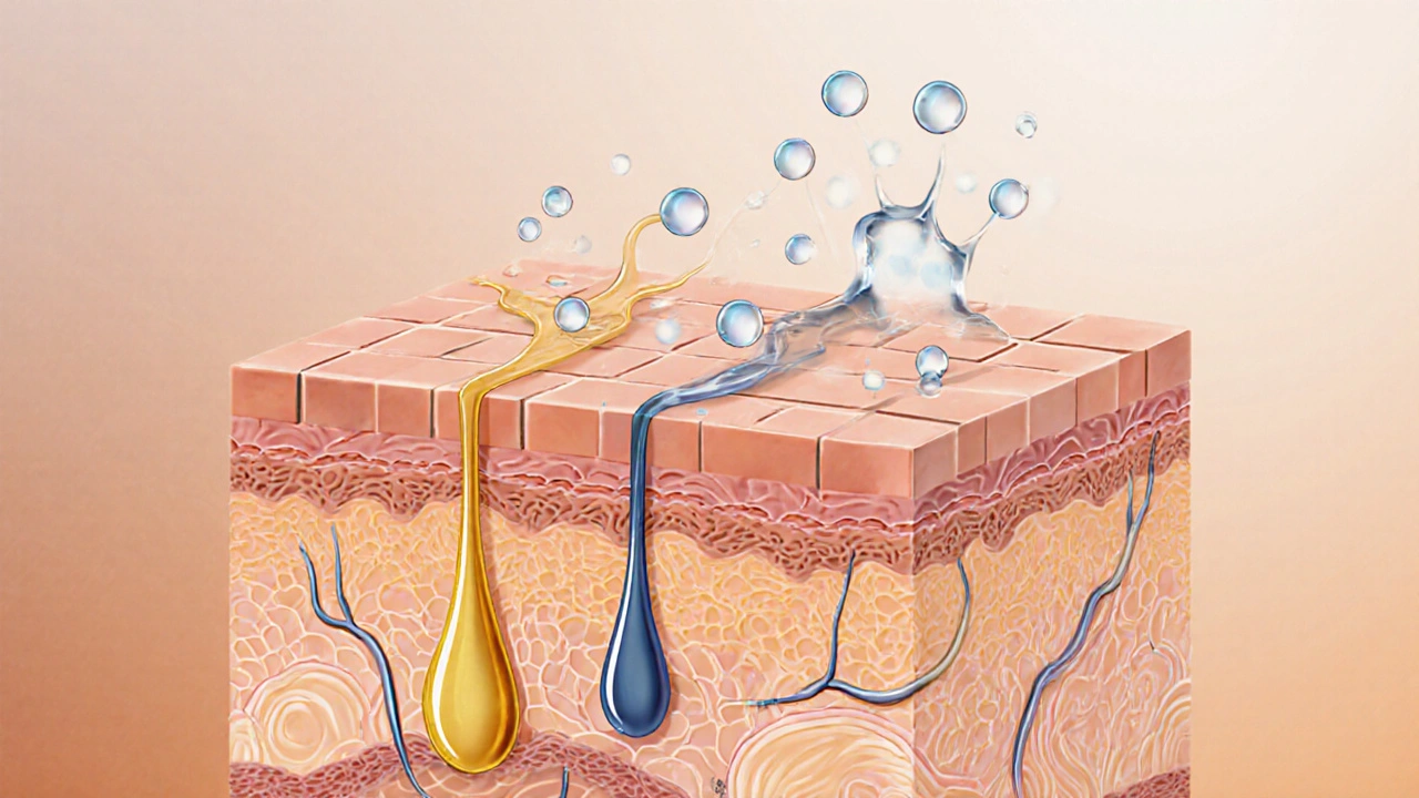 Ilustrace kůže s ceramidy, glycerinem a hydratačními molekulami.