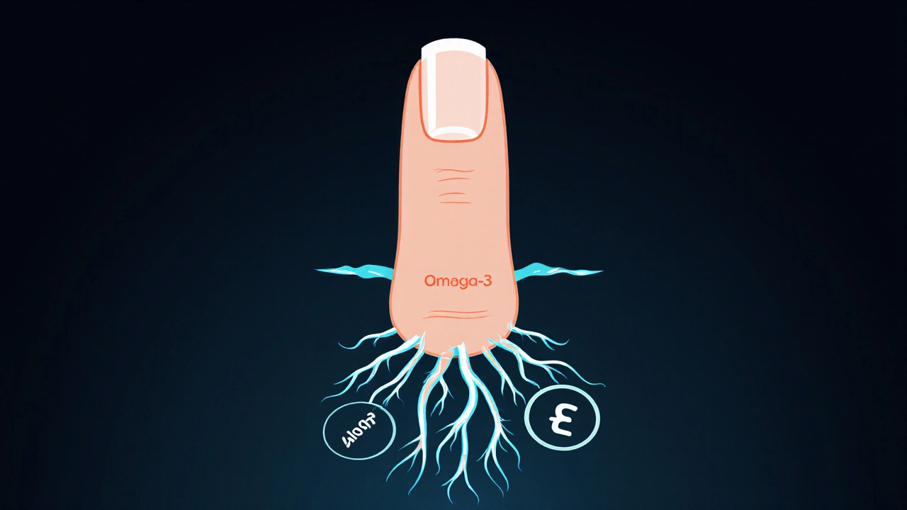 Konce prstů s výživovými látkami tekoucími do nehtového lůžka jako proudy.