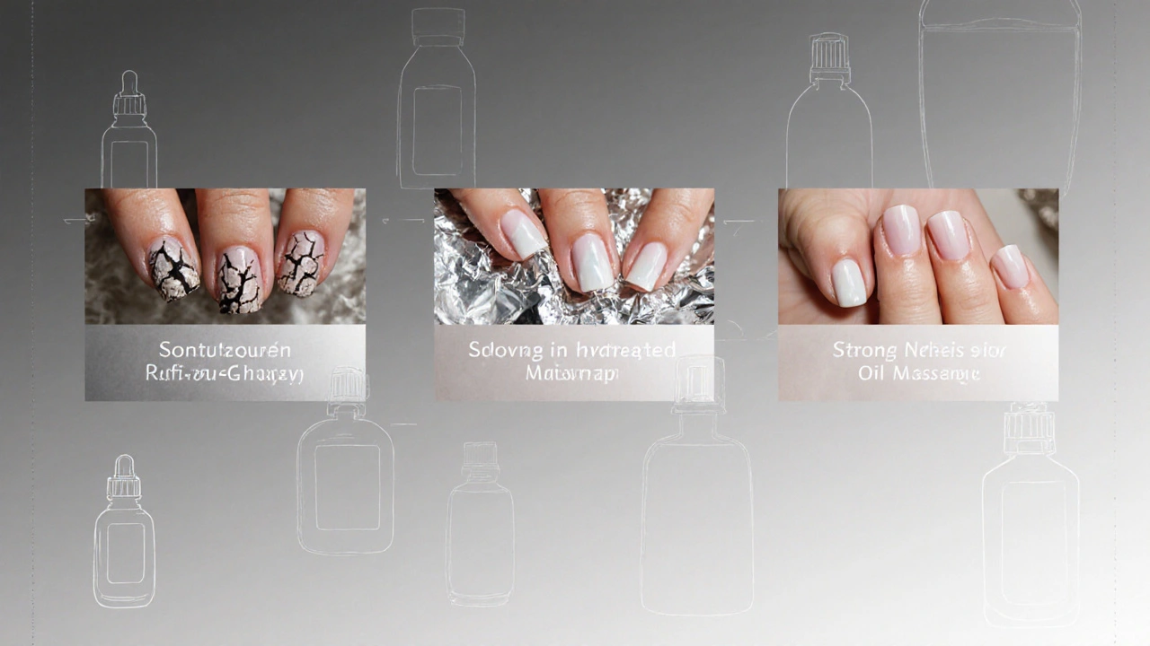 Koncepční obrázek regenerace nehtů: poškození, léčba a obnova v jedné scéně.