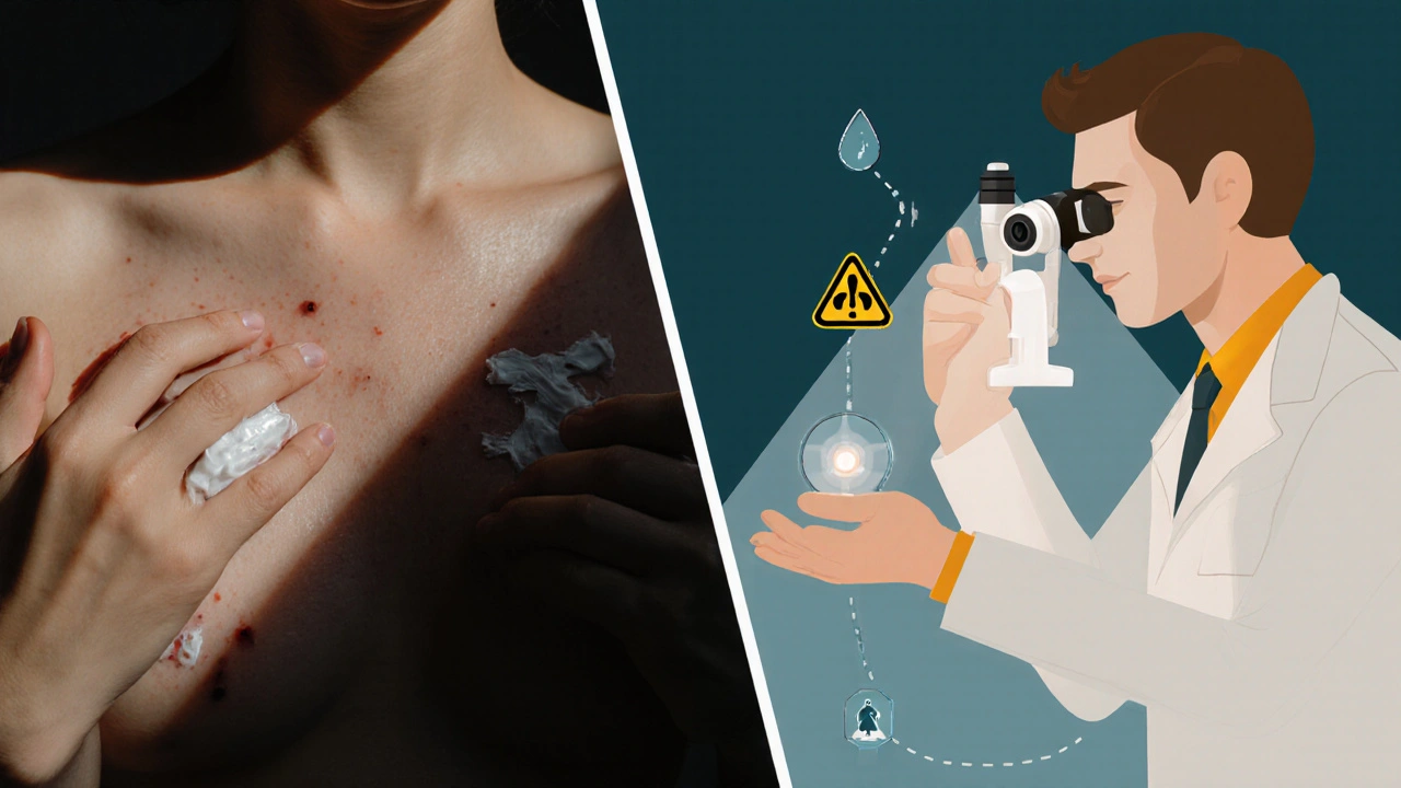 Kontrast mezi ignorováním změny na kůži a odbornou diagnózou dermatologem.