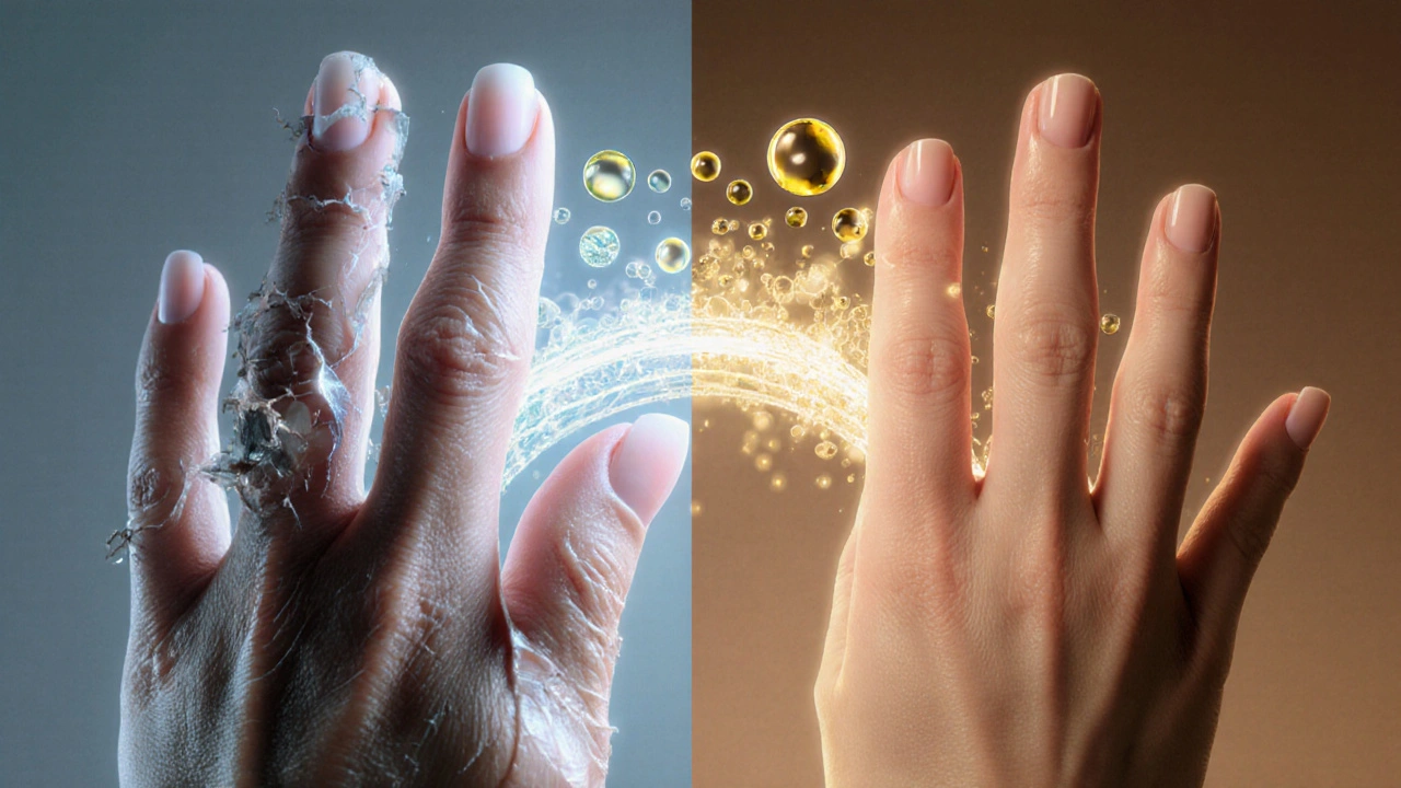 Kontrast mezi poškozenými a zdravými nehty s olejovým mostem mezi nimi.