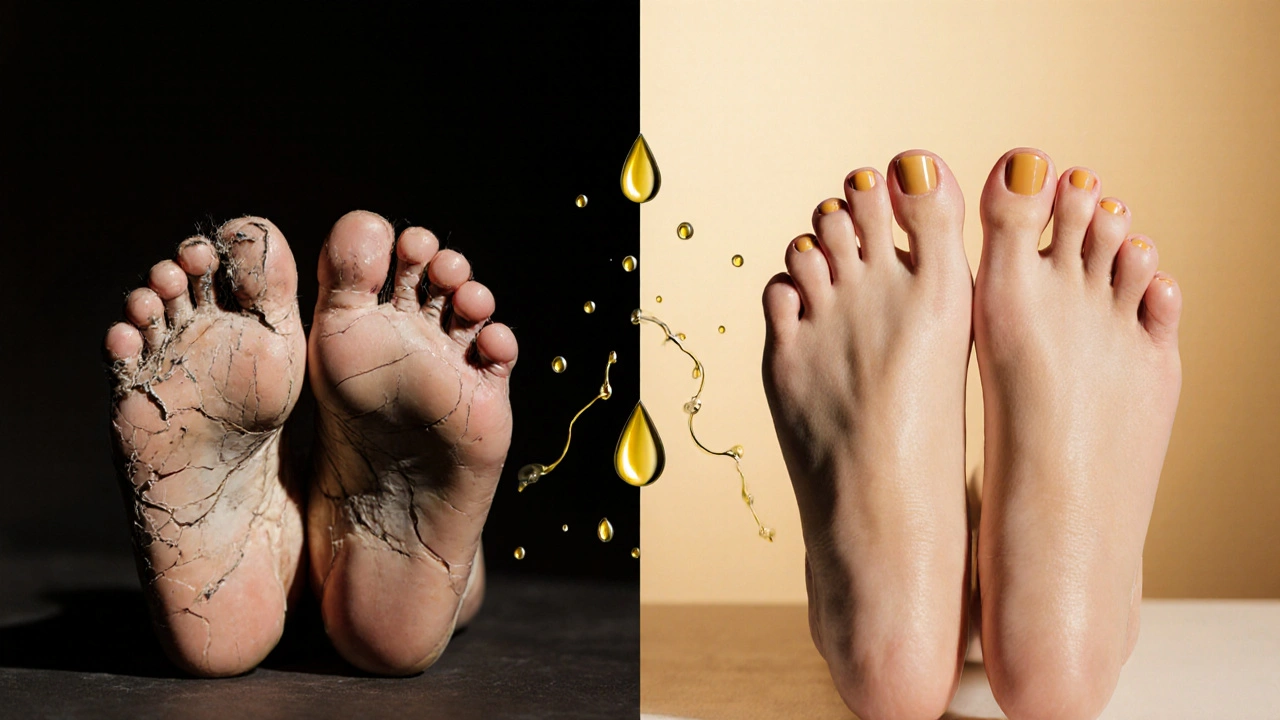 Kontrast mezi zanedbanými a pečlivě ošetřenými rukama a nohama.