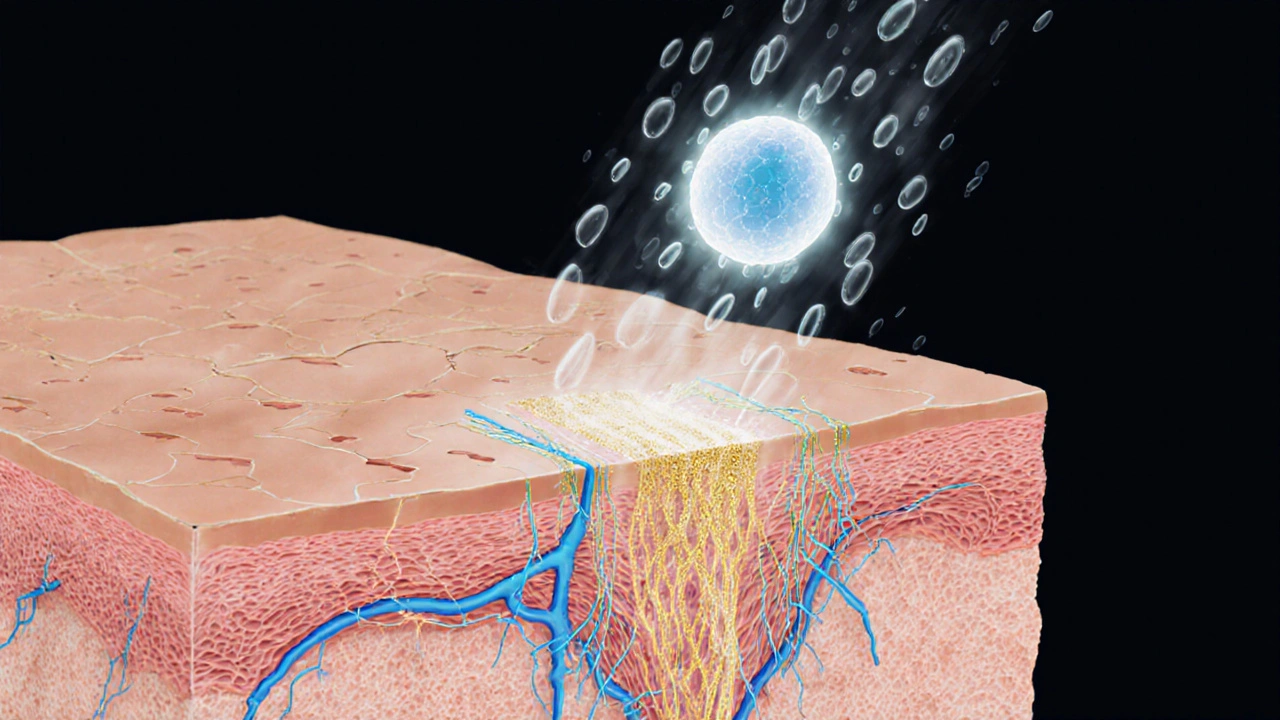 Křížový řez kůže ukazující hubnoucí kolagenové vlákna od 25 do 35 let s vstřebávaným molekulou kolagenu.