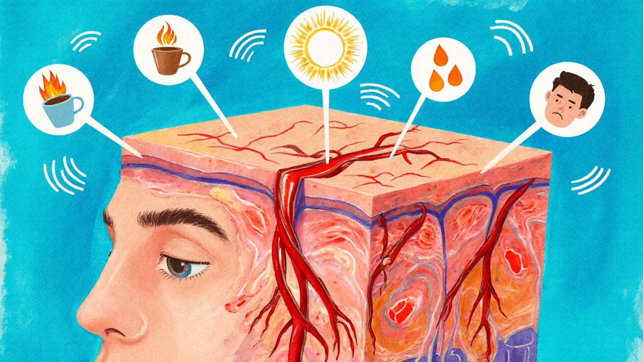 Křížový řez pokožky s rozšířenými cévami a symboly podnětů jako horká káva, slunce a stres.