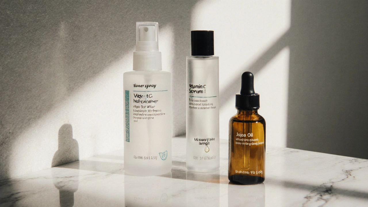 Krok za krokem péče o pleť s olejem jako posledním krokem na mramorové pultu.