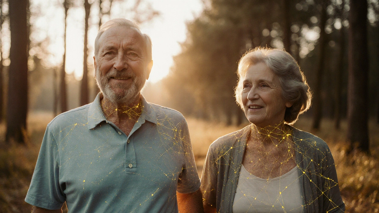 Muž a žena kráčejí lesem na ranním slunci, jejich kůže září zdravím s viditelnými kolagenovými vlákny