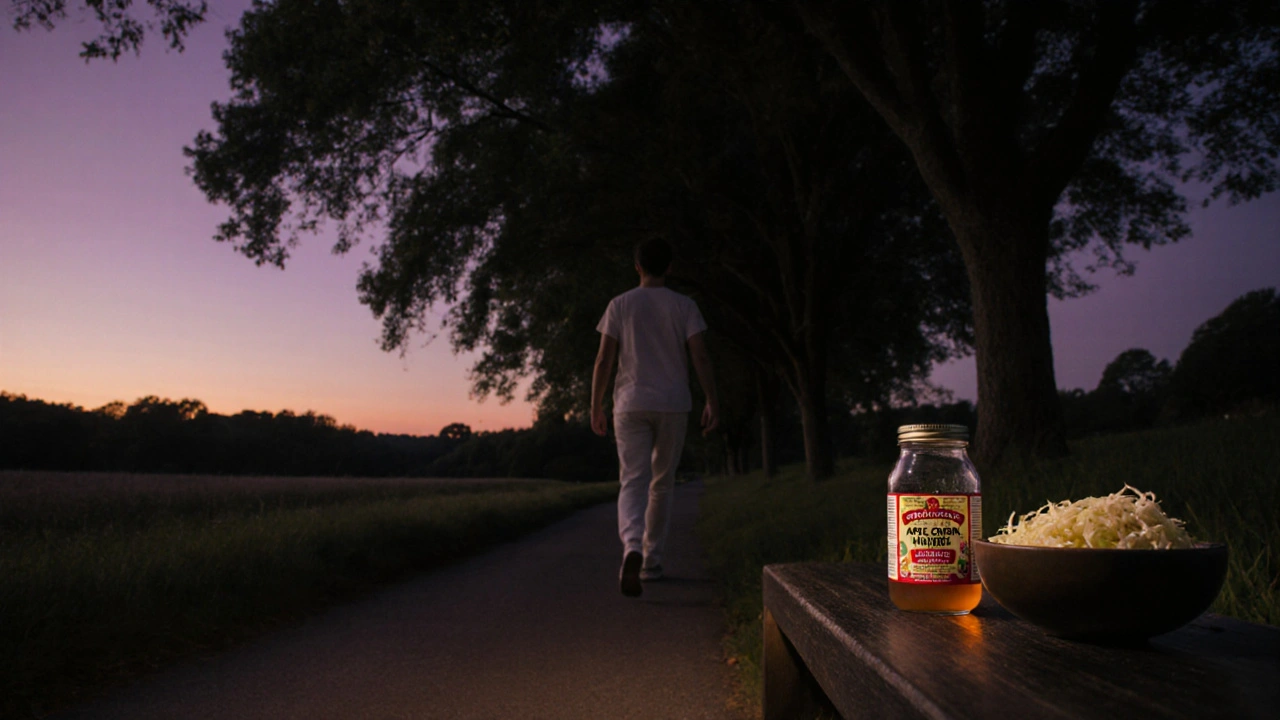 Osoba prochází večer po jídle pod stromy v klidném prostředí.