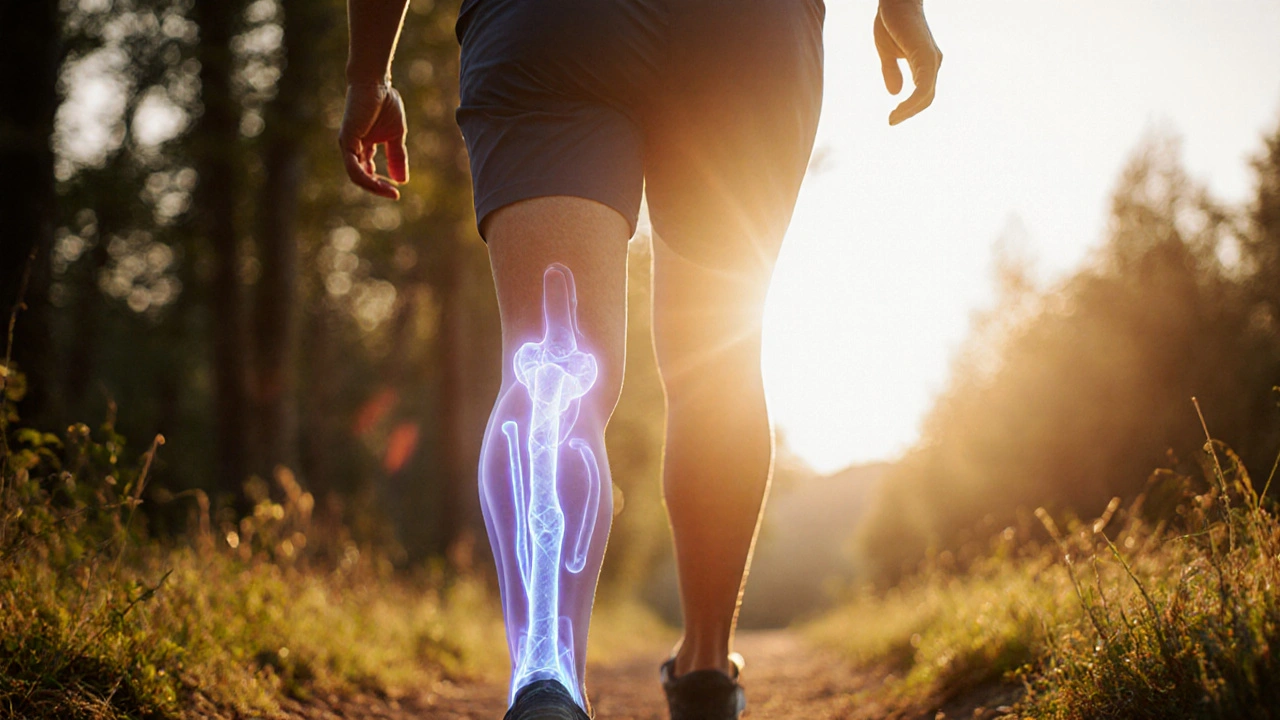 Osoba se pohybuje po lesní stezce, kolem kloubů jemně září kolagenové vlákna.