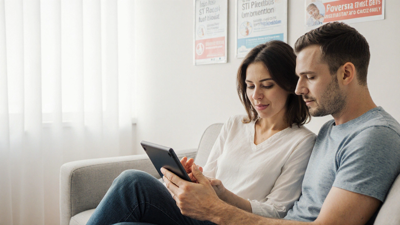 Pár na klinice společně prohlíží výsledky testu, klidná, odpovědná atmosféra.