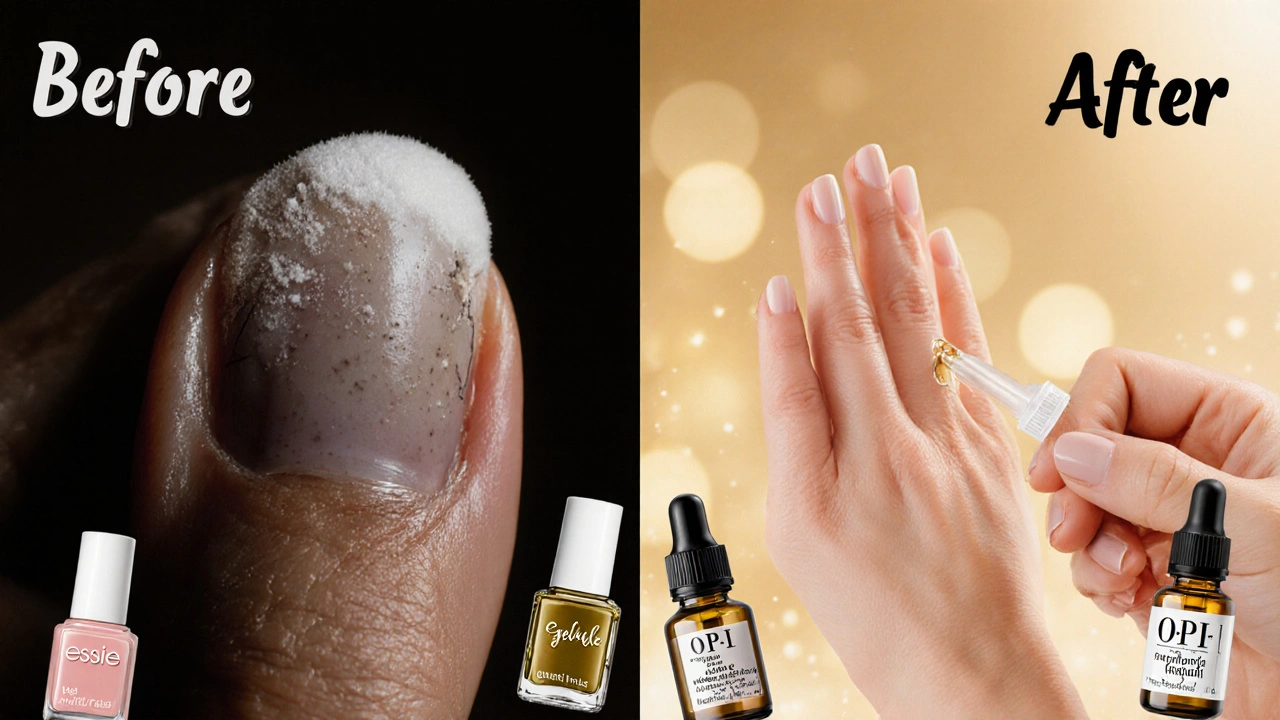 Porovnání poškozených a zdravých nehtů: vlevo suché a lámavé, vpravo lesklé a živé.