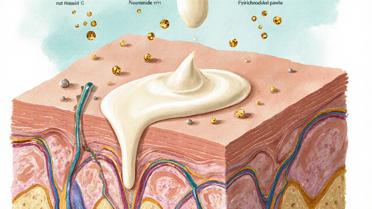 Přehled pokožky s aktivními látkami pronikajícími do hlubokých vrstev, zatímco krém zůstává na povrchu.