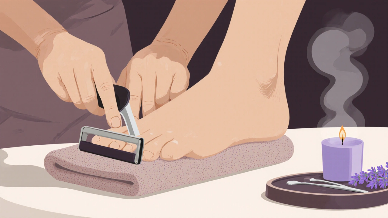 Profesionální pedikúra: terapeut piluje hrubou kůži na patě, noha je v teplé vodě.