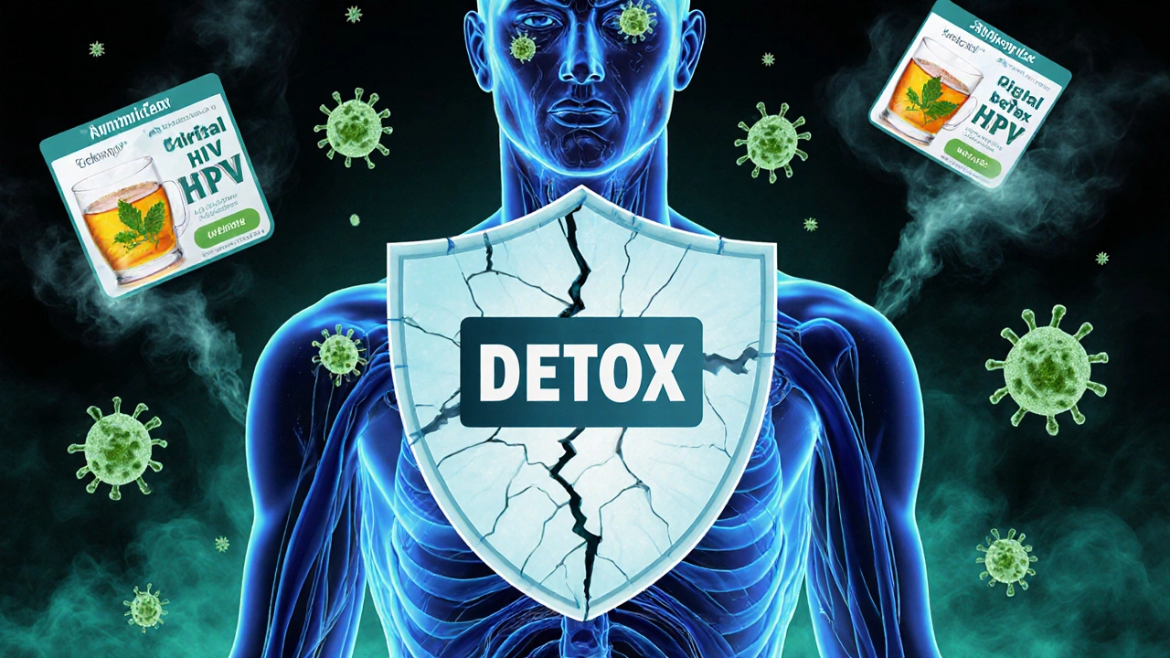 Průhledné tělo s skrytými patogeny, neúspěšný &#039;detox&#039; štít a detox nápoje se rozpadají.