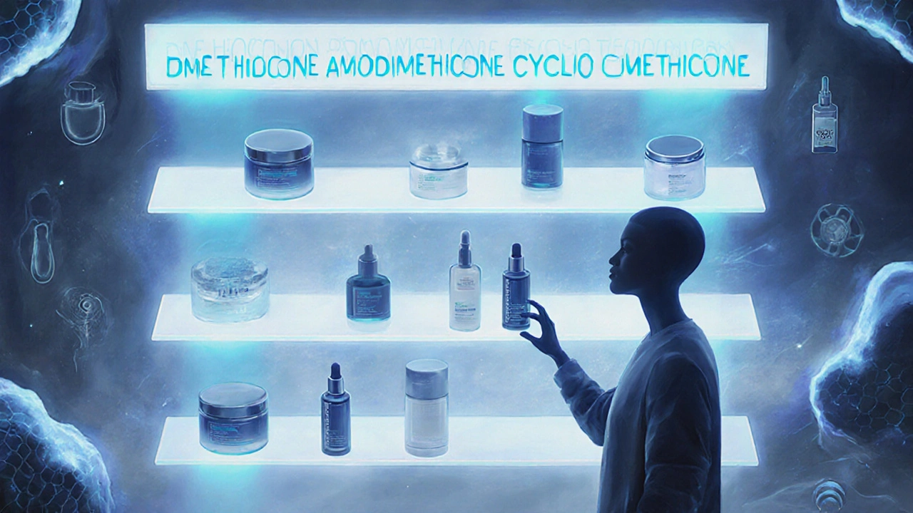 Regál s kosmetikou a svítícími INCI kódy silikonů nad produkty, člověk si vybírá.