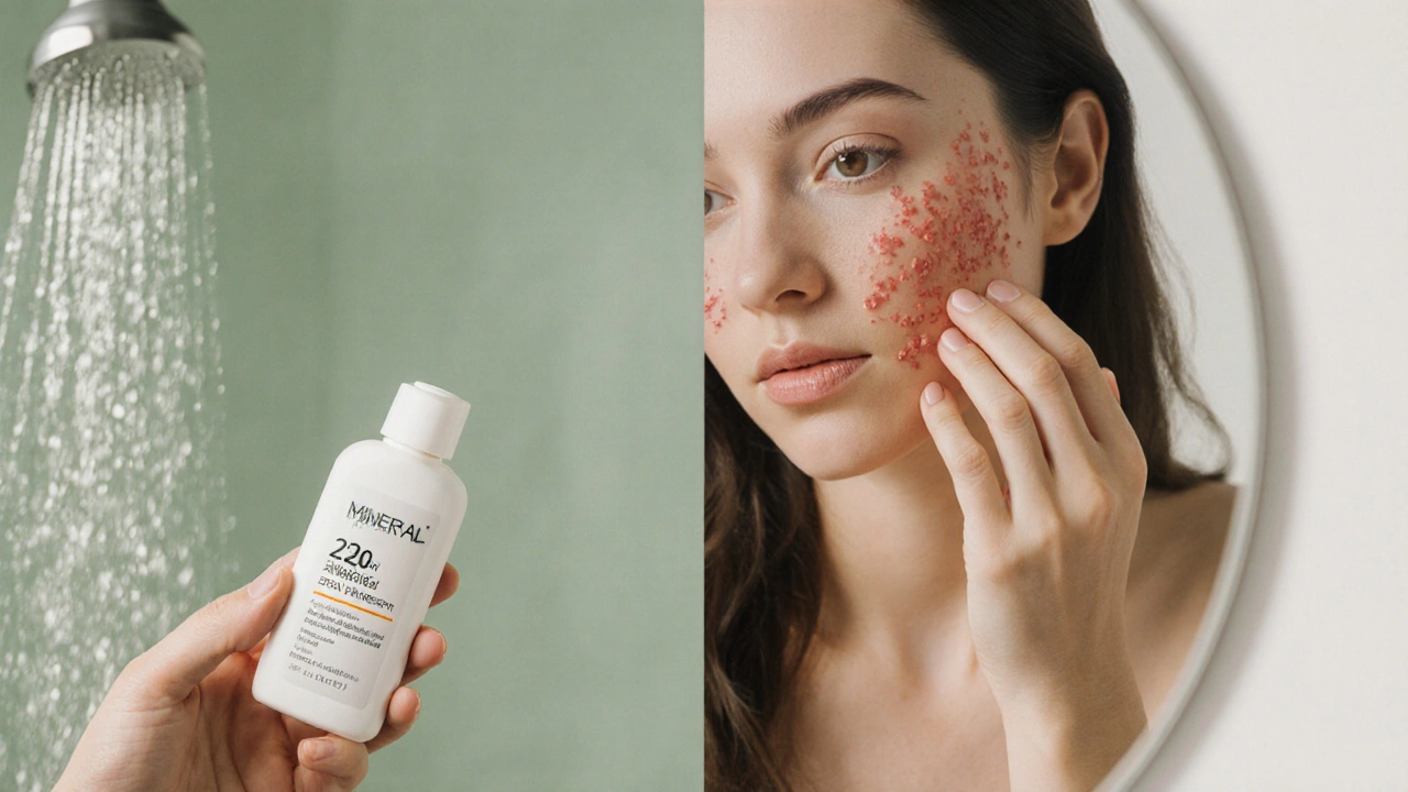 Ruka aplikující minerální sluneční ochranu na červenou pleť, pozadí ukazuje kontrast horké sprchy a chladného větru.