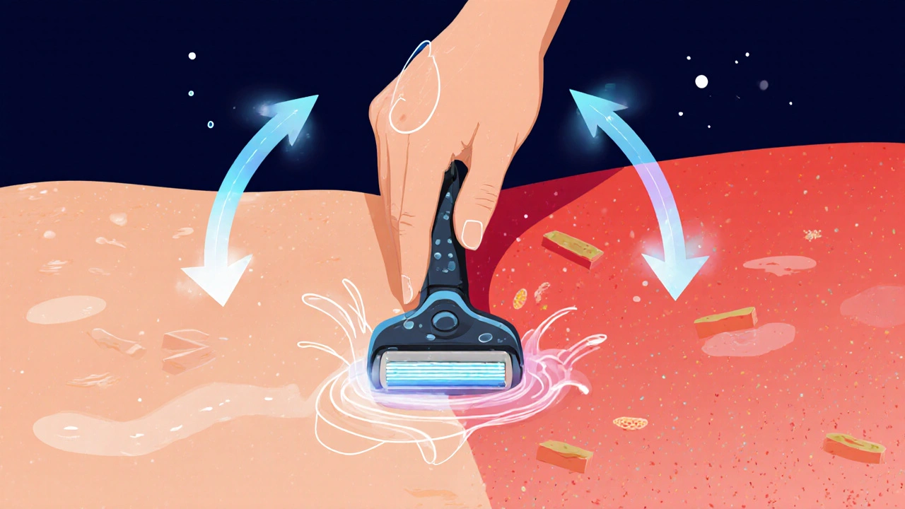 Ruka hladí vlhkou kůži žilatkou s hydratačními proužky, vlas a minerály způsobují tření.