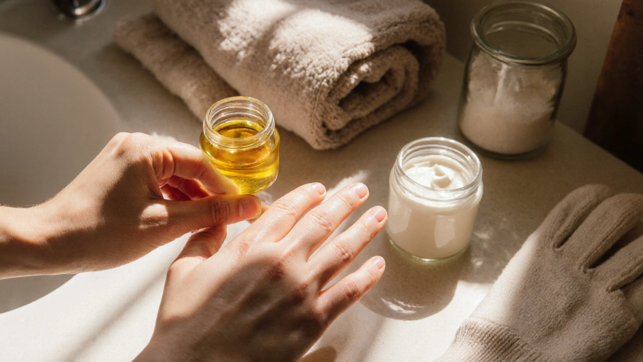 Ruka masíruje olej do nehtů a kůže kolem nich ve dne.