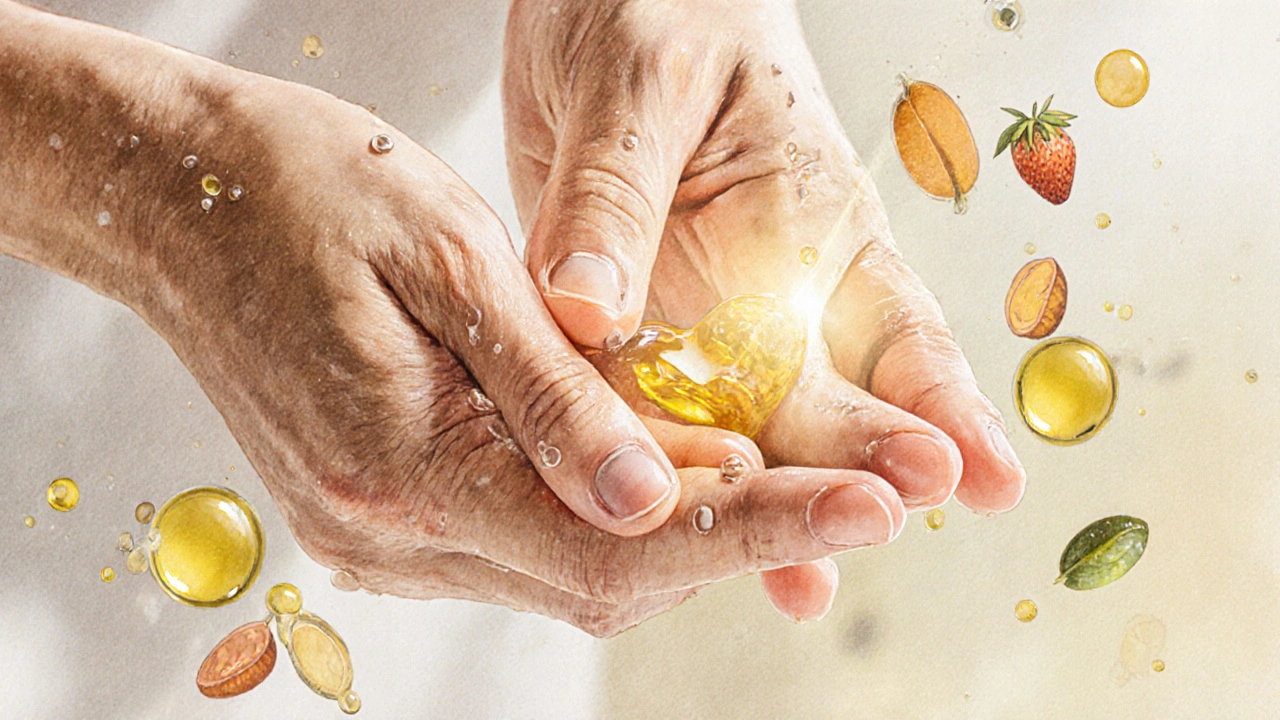 Ruka masírující kůži kolem nehtů olivovým a jojobovým olejem ve světle.