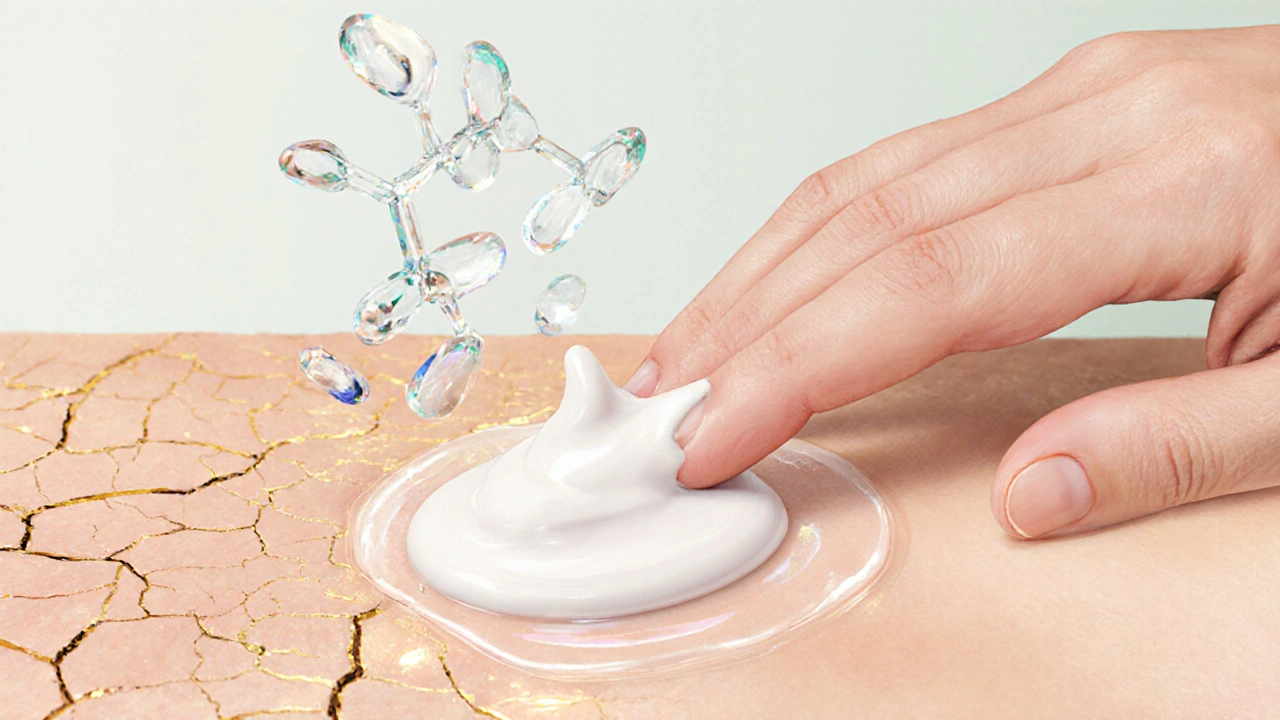Ruka nanášející krém na hladkou kůži s průhlednou vrstvou silikonových molekul nad pokožkou.