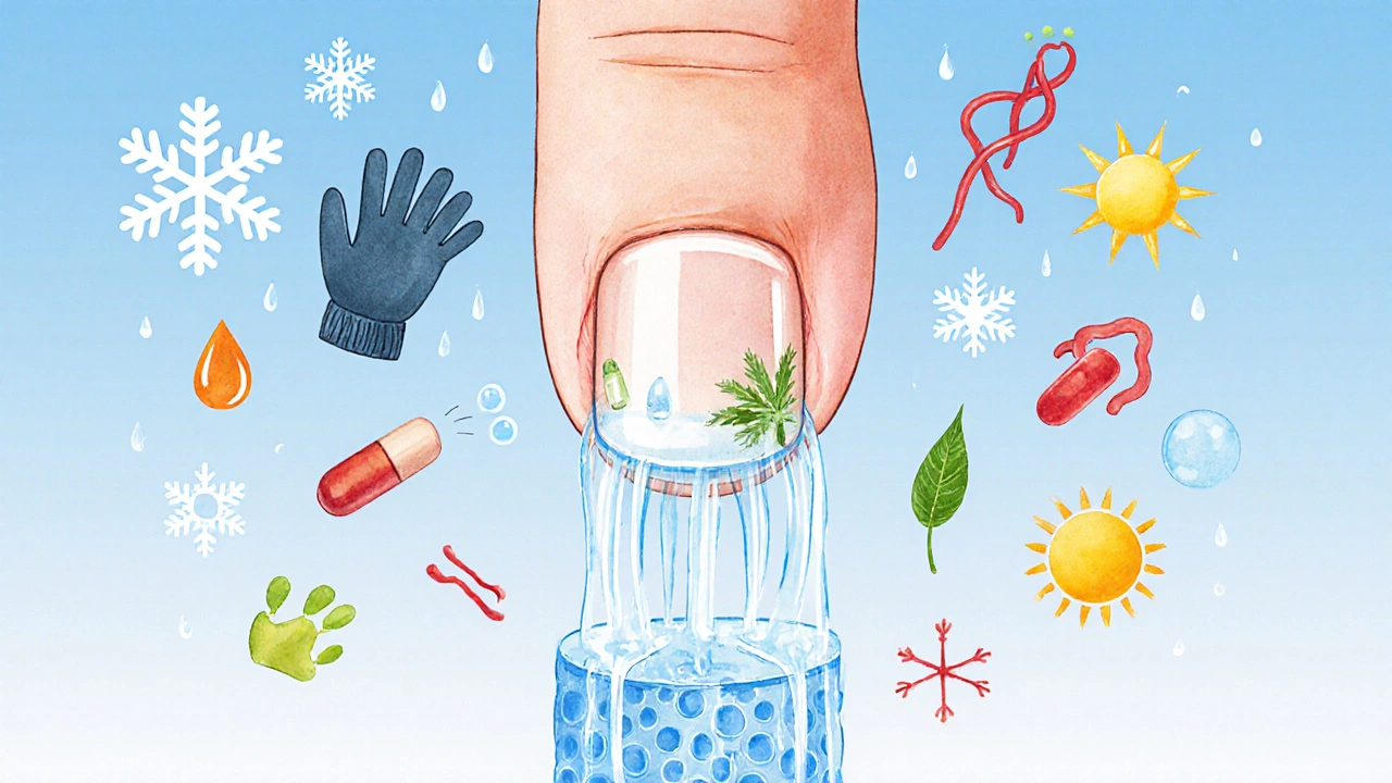 Symbolický obraz růstu nehtu podporovaného výživou a krevním oběhem.