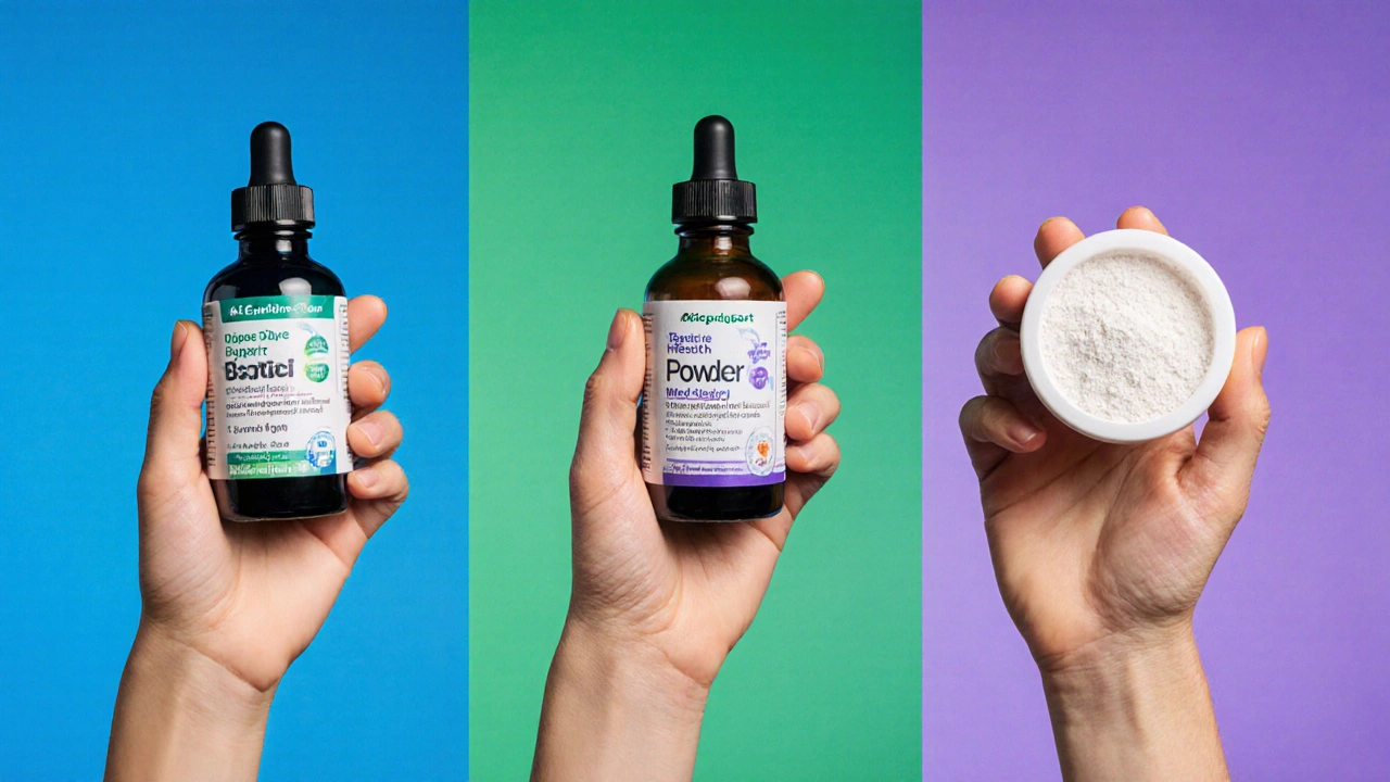 Tři ruce drží různé formy probiotik: kapky, tablety a prášek.