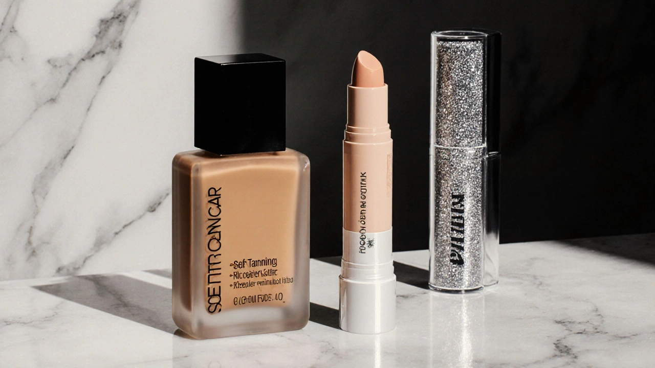 Tři tělové kosmetické produkty: nátěr, konceler a lesk na mramorové ploše.