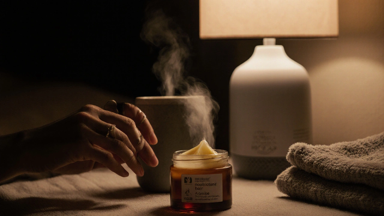 Večerní péče o pleť s krémem a přírodním olejem v klidném prostředí.