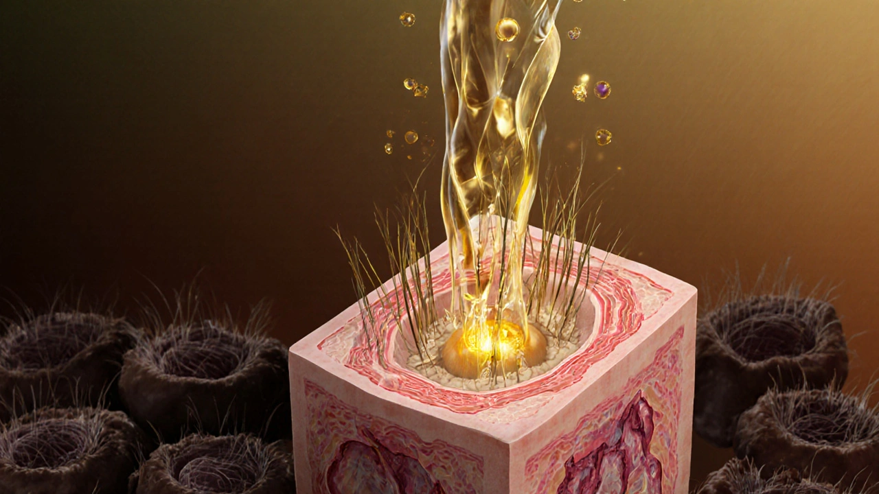 Vědecká ilustrace vlasového folikulu, který obnovuje růst díky živinám a minoxidilu.