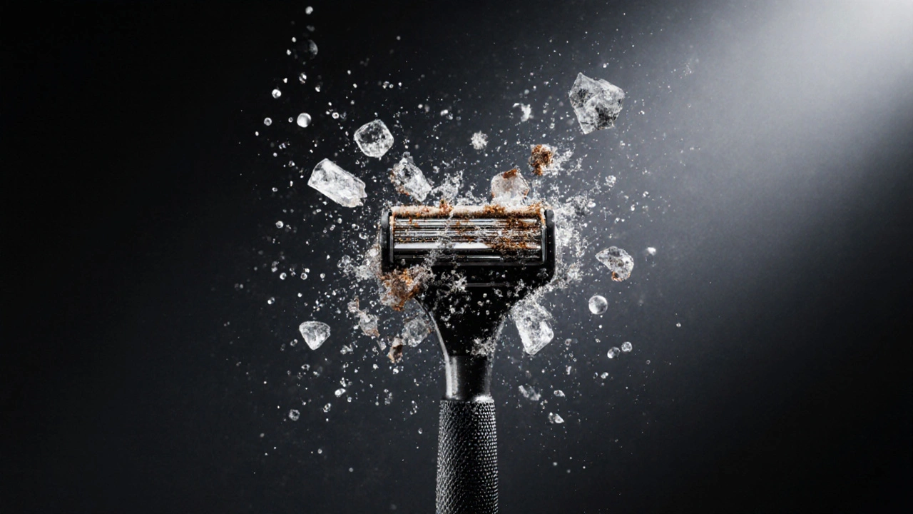 Zatupená a rezavá žiletka se rozpadá na částice, obklopená vlasy a kapkami vody.