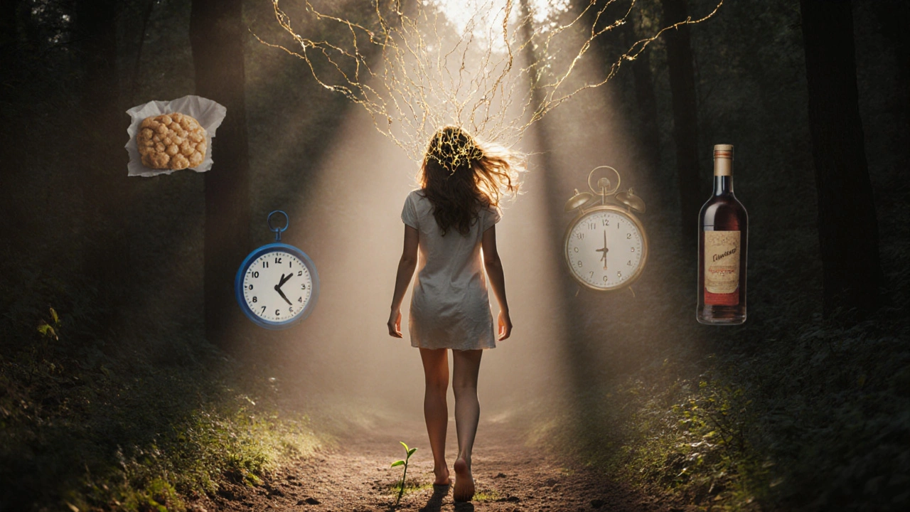 Žena kráčí lesem na ranním světle, z jejího skalpu vystupují zlaté nitky jako znak obnovy.